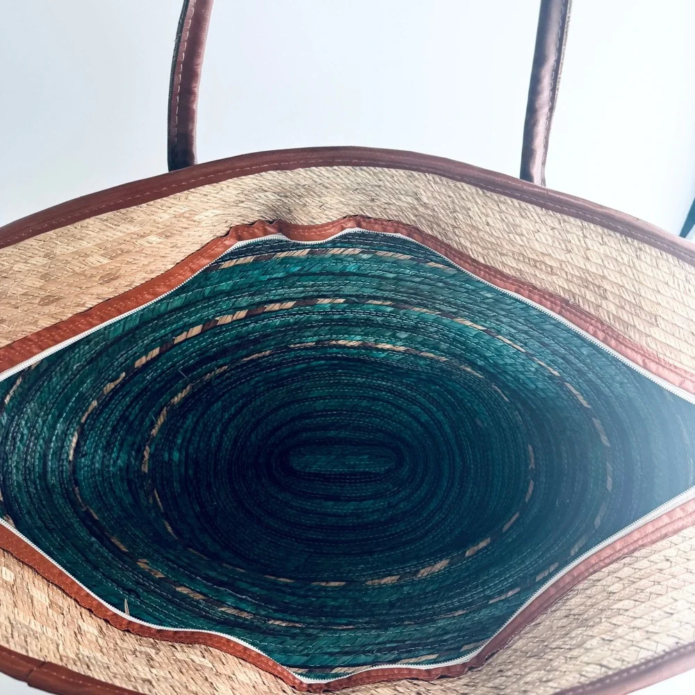 Large Woven Straw Beach Tote Bag Teal Blue Striped Fan Shape Shoulder Bag Zipper
